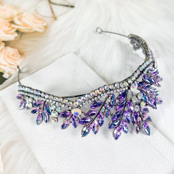Purple Gemstone Wedding Tiara Headband for Women, Purple Rhinestone Leaf Crown - Picture 2 of 6